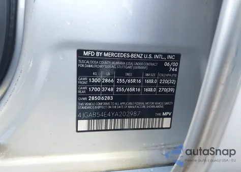 2000 Mercedes-Benz Ml 320 из США, поврежденный, VIN 4JGAB54E4YA202987